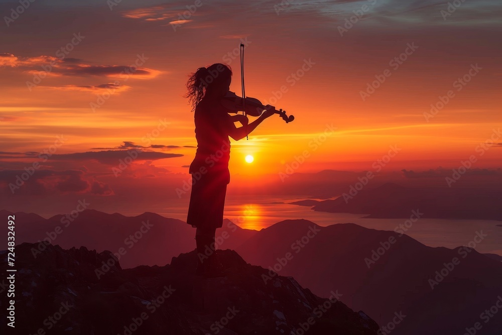 Φωτογραφία As the sun rises over the mountain, a woman plays her violin against the stunnin