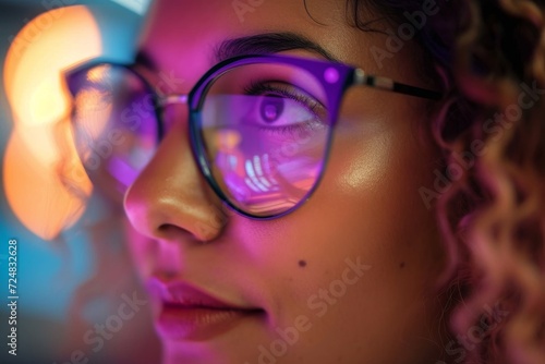 A bespectacled woman with a thoughtful expression, her lips slightly parted as she gazes into the distance, donning a stylish pair of glasses that add an air of sophistication to her closeup