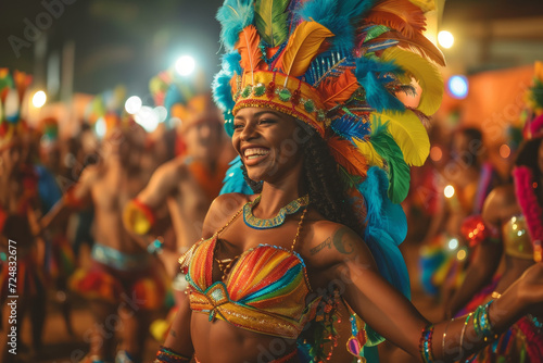 Joyful Dancer at Vibrant Nighttime Carnival Parade 