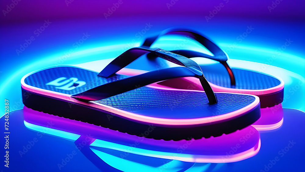 Beach flip-flops on a neon background.