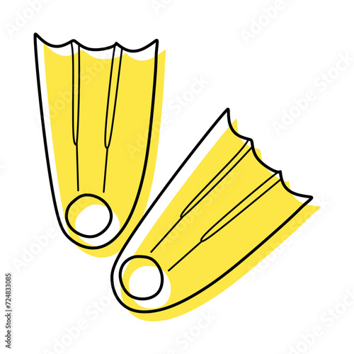Diving flippers doodle icon. Flat and Outline design style. Vector illustration isolated on White. Vacation equipment concept for Swimming. Holiday Snorkel tool. Design art Graphic for Trip Flyer.