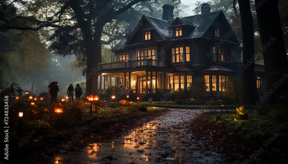 Fototapeta premium Spooky night, dark tree, illuminated lantern, old cottage generated by AI