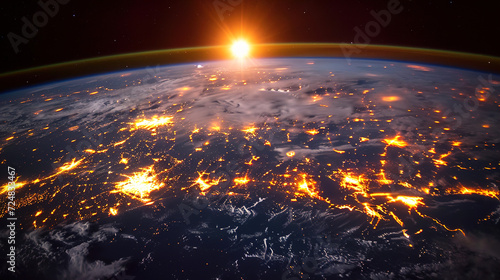 Captured from Space  Orbital Marvel Earth s Sunrise   Showcasing the Spectacle of the Sun s Golden Rays 
