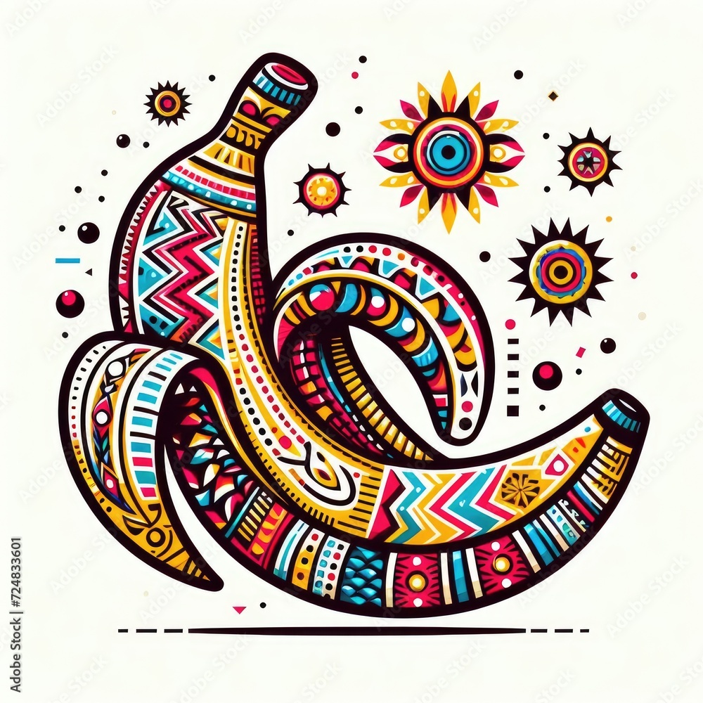 Banana Fusion: Colorful Graphic Design with Ethnic Elements on a White Canvas Banana Fusion: Colorful Graphic Design with Ethnic Elements on a White Canvas
