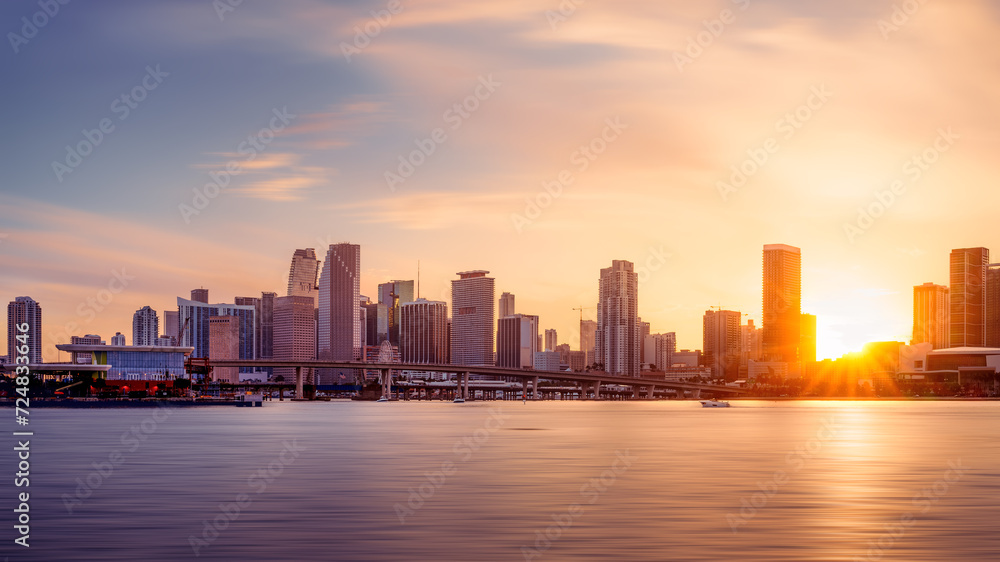 the skyline of miami during sunset
