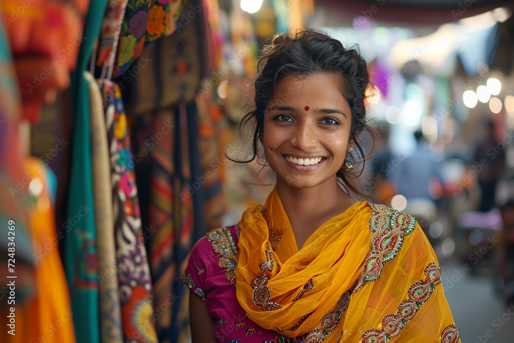 indian clothes seller woman bokeh style background