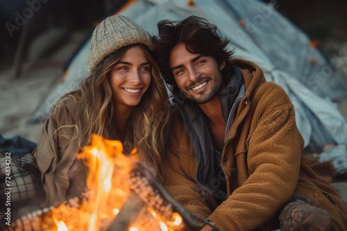 A couple's joy and warmth radiate through their smiling faces as they sit beside a crackling fire, enveloped in the comfort of their cozy clothes and the heat of the dancing flames, whether at home o
