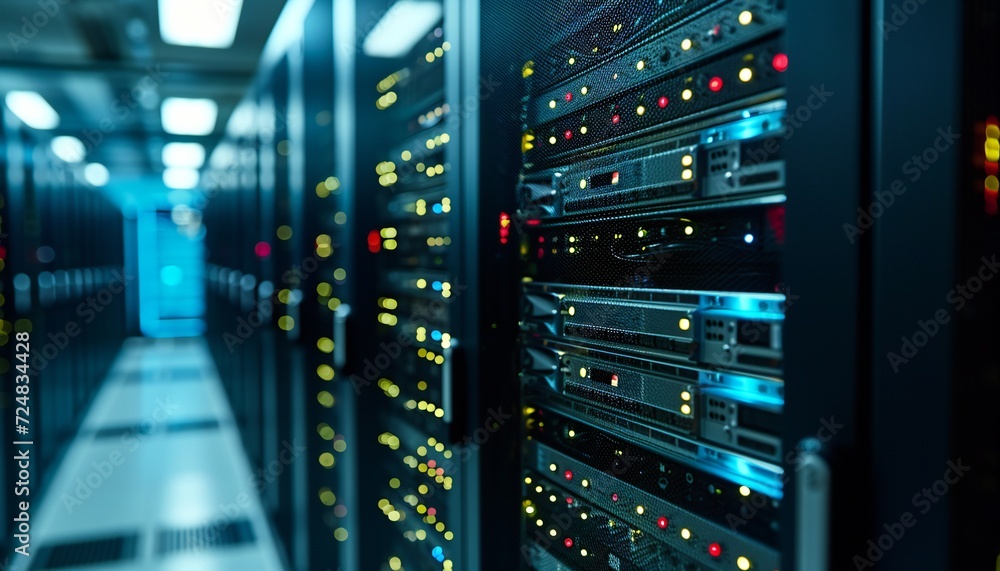 One server rack against the wall in the server room. One server rack against the wall in the server room.