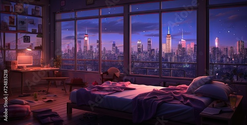 small bedroom with a large window viewing outside city with tall buildings and a bed in the room during night time