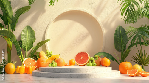 white podium on orange fruit and leafs background.