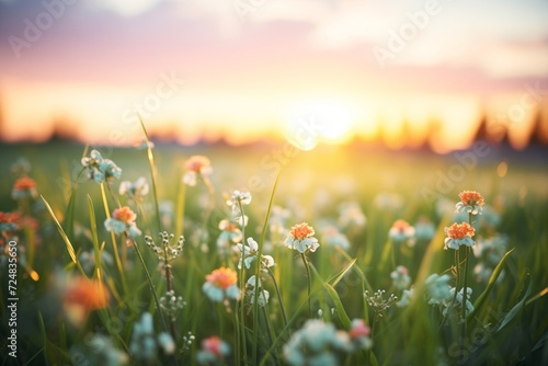 spring equinox sunset over a flower field