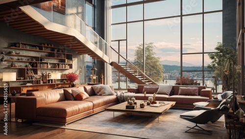 luxurious living room with couches and a glass staircase with a large window to view outside trees © usman