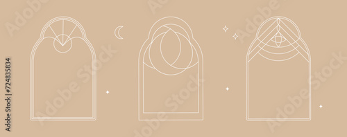 Vector set of design elements and illustrations in simple bohemian linear or line art style. Boho arch, window or door frame design elements for social media stories and posts.