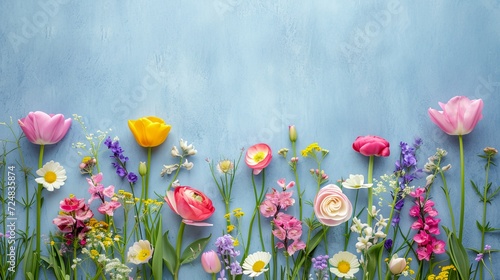 flowers and green leaves on a blue background photo