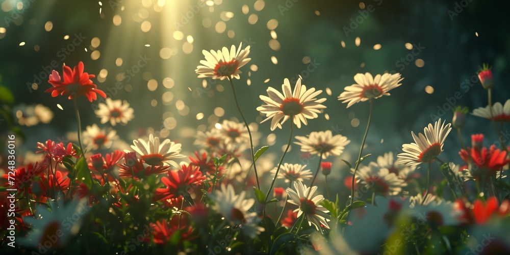 a field of flowers with the sun