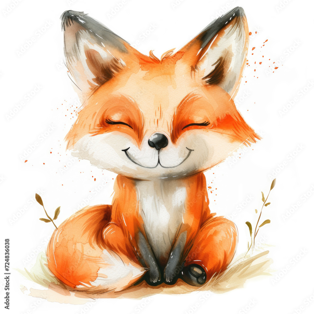Obraz premium Cute cartoon fox watercolor on white background