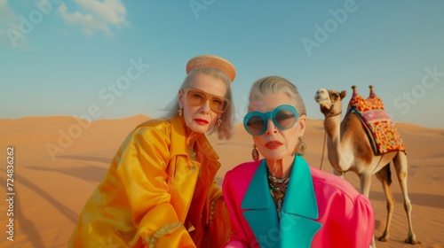 Portrait of two eccentric older female fashion models wearing colorful modern elegant clothes  and sunglasses in the desert with camel in the background. © Hope.and.fun