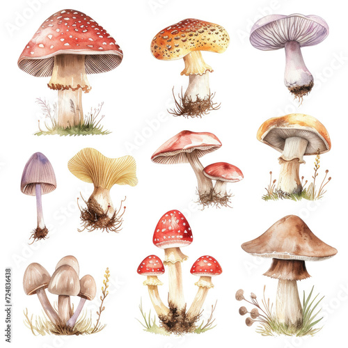 Colorful watercolor cartoon mushrooms on white background