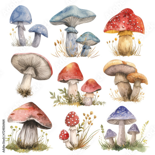 Colorful watercolor cartoon mushrooms on white background