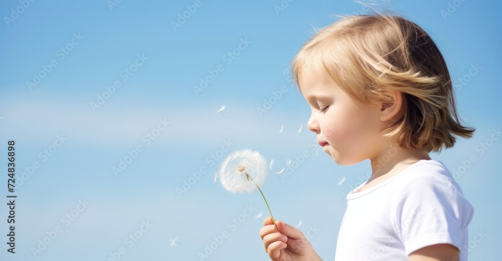 Child blowing dandelion seeds, blue sky with copy space for joy. Child blowing dandelion seeds, blue sky with copy space for joy.