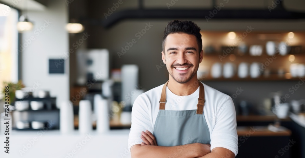 Confident barista in café, copy space for coffee culture text. Confident barista in café, copy space for coffee culture text.