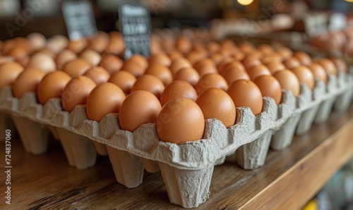 Chicken eggs in a tray on the counter.
