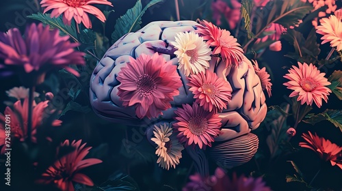 Human brain with spring colorful flowers