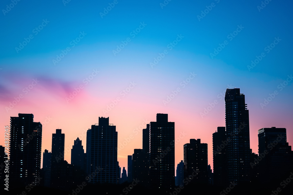 Dawn unfold over a city skyline silhouette, with towering skyscrapers in a scenic urban landscape, creating a panoramic cityscape that captures the essence of modern architecture