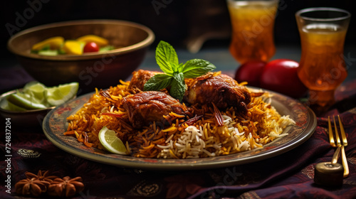 ndian meal / Restaurant menu concept - Mutton biryani, butter chicken, Roti and raita background photo