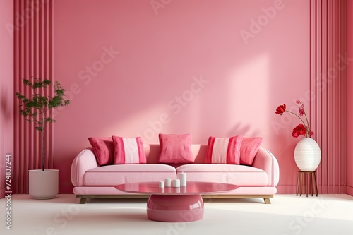 a modern living room with pink walls and a painting framed on the wall with a pink couch with pink pillows