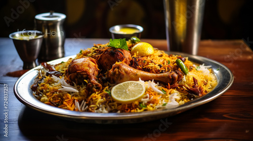ndian meal / Restaurant menu concept - Mutton biryani, butter chicken, Roti and raita background