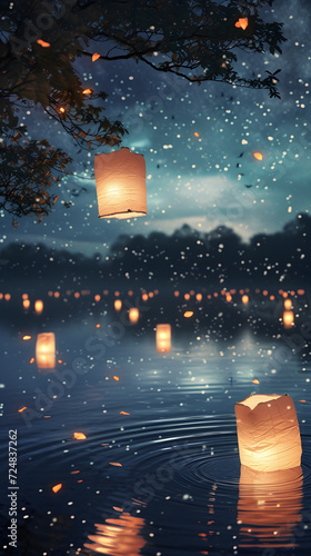 Lanterns floating on the water at night