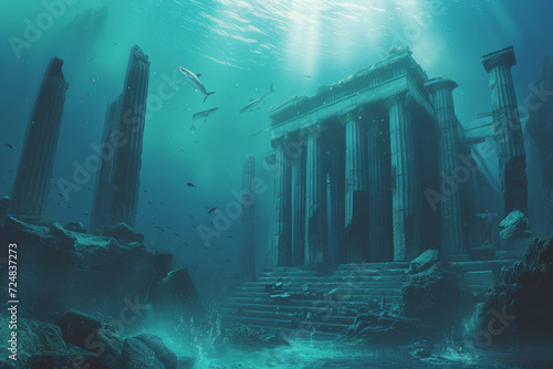 ancient greek temple underwater scene.