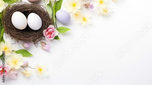 Happy Easter concept with Easter eggs in nest and spring flowers on soft white surface with copy space.