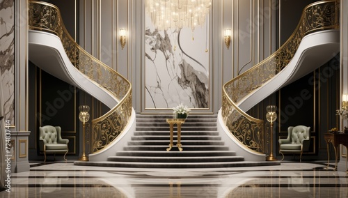 the entrance of a luxurious goldish apartment with golden and white staircase and modern walls photo