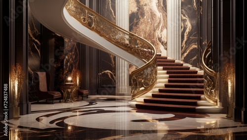 the entrance of a luxurious goldish apartment with golden and white staircase and modern walls photo