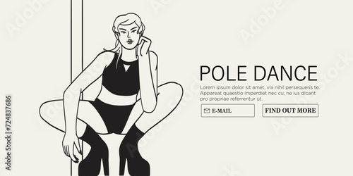 Young sexy female character in lingerie on high hills perform pole dance in fitness studio or competition. Modern fitness classes for women vector illustration. Poledancer stretching or exercising.
