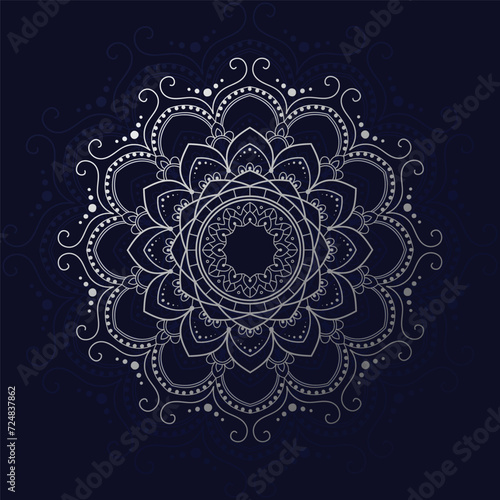 Royal blue background with silver gradient mandala design illustration art