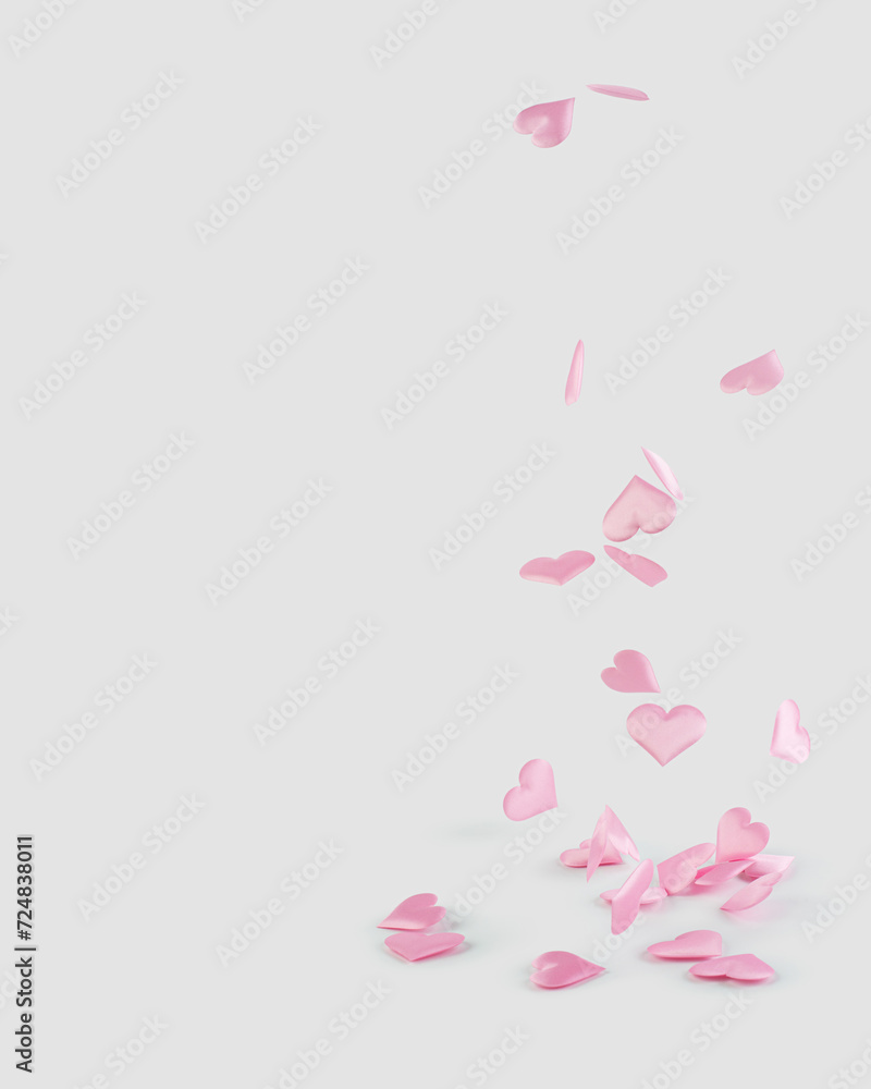 Pink hearts falling on a white background, levitation Pink hearts falling on a white background, levitation