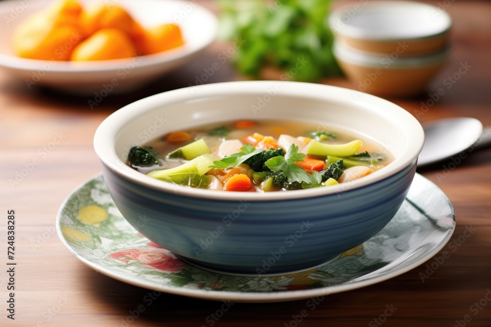 ceramic bowl of minestrone soup with spoon