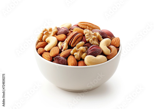 mixed nuts in a white ceramic bowl, the mix vibrant and colorful, set against a white background with a drop shadow for depth