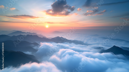 Beautiful sunrise in the mountains with fog and cloudscape background