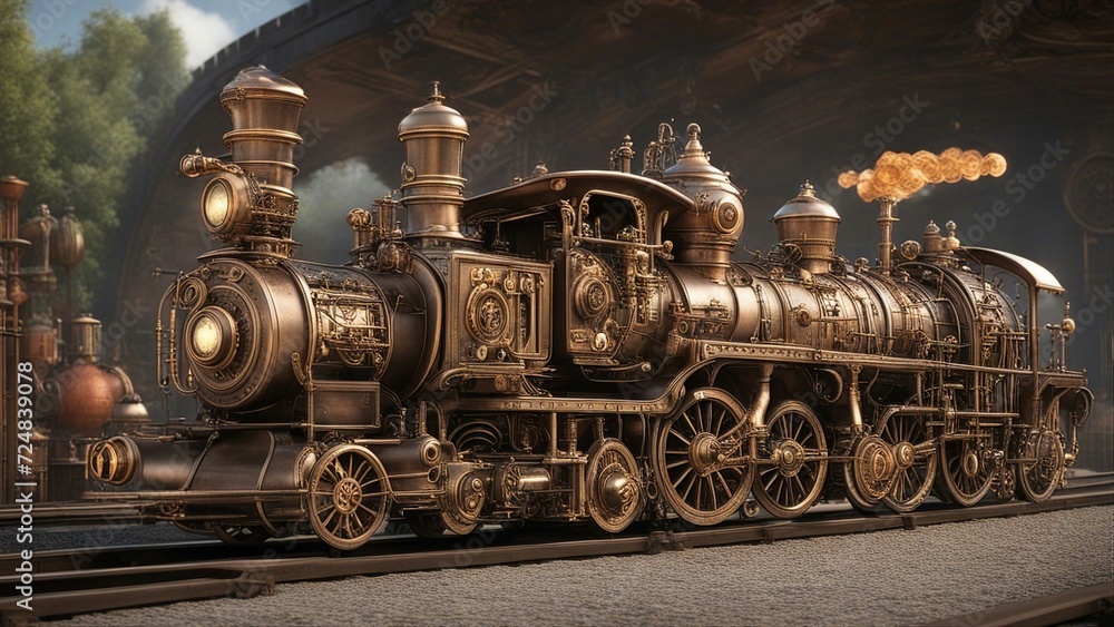 detail of a locomotive  steampunk train that creates the music and the art on a colorful and musical railway.  