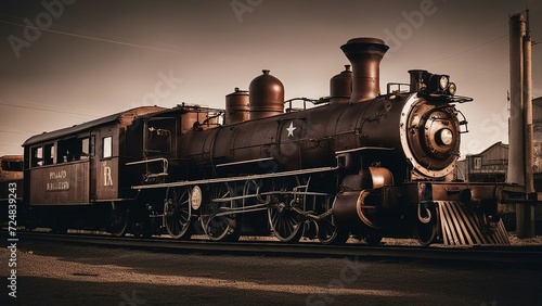 old locomotive in sepia retro train that looks like it belongs to the old west. The train is dark and rusty, 