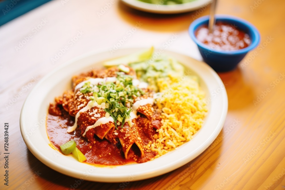 plate of enchiladas with red sauce, side of rice plate of enchiladas with red sauce, side of rice