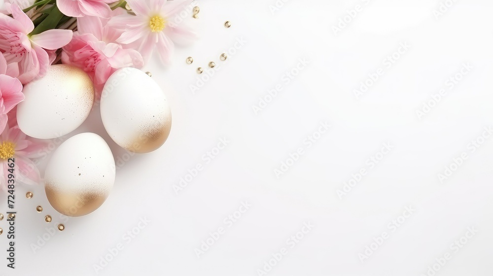 White and gold painted Easter eggs on white background with copy space. White and gold painted Easter eggs on white background with copy space.