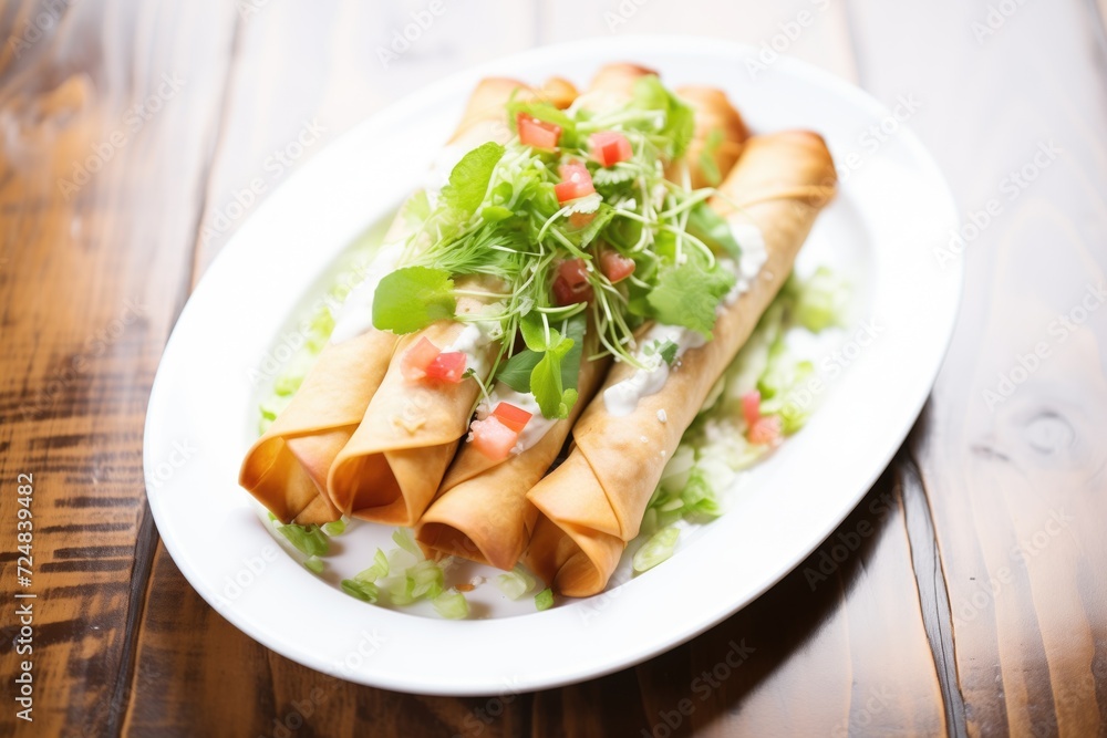 flautas plated with sour cream drizzle, lettuce bed flautas plated with sour cream drizzle, lettuce bed