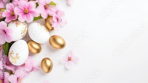 White and gold painted Easter eggs on white background with copy space.