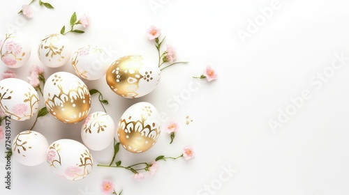 White and gold painted Easter eggs on white background with copy space.