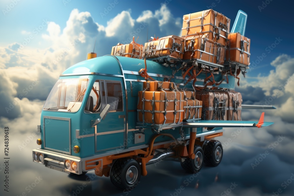 A funny image of a mixture of a delivery truck with an airplane loaded with boxes or packages. - obrazy, fototapety, plakaty 